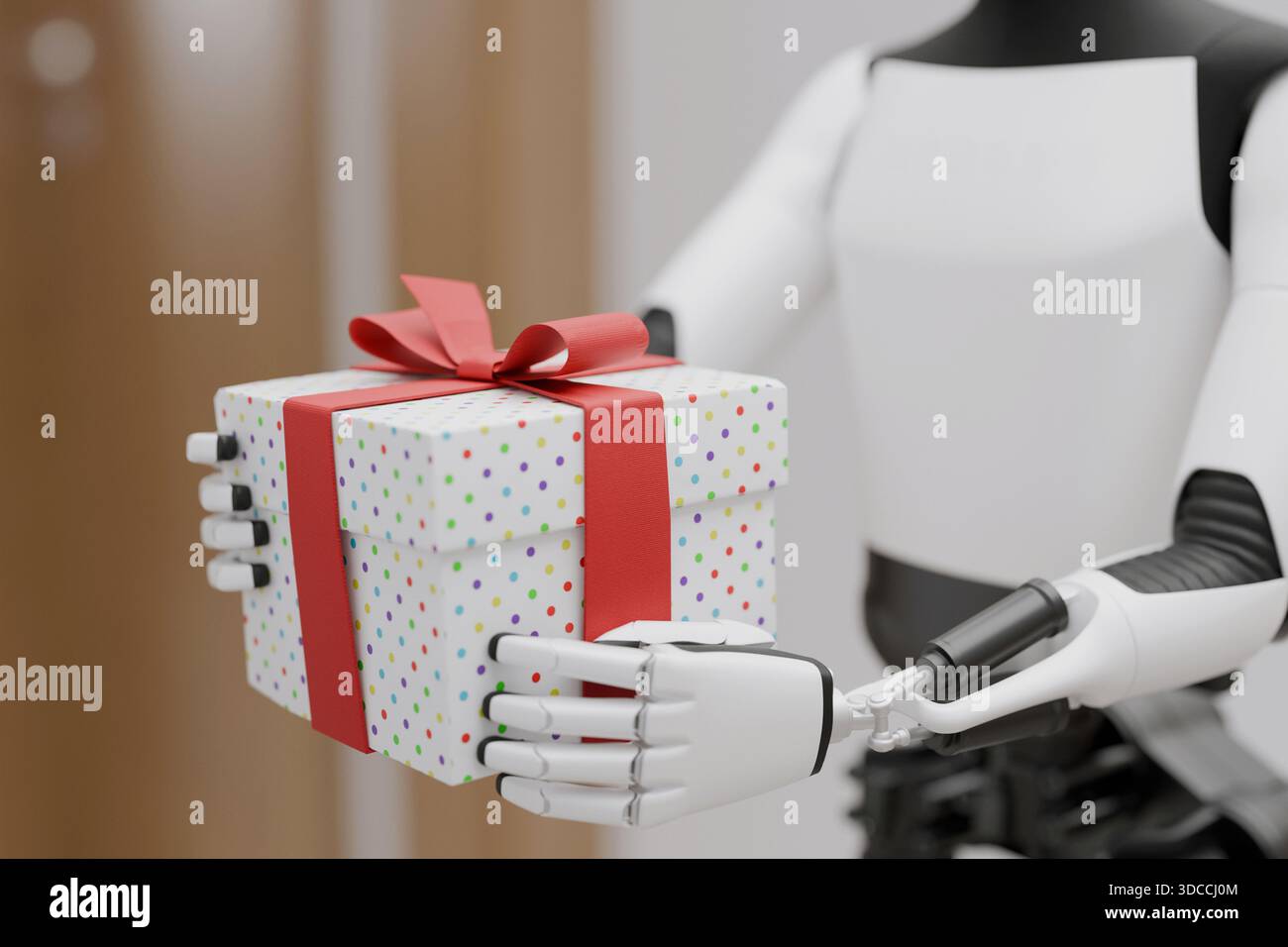Ein moderner humanoider Roboter hält ein Überraschungsgeschenk. Konzentrieren Sie sich auf Geschenkkartons und Roboterhände. Humanoide Roboterhände bieten ein umhülltes Geschenk an. Konzept des AUT Stockfoto