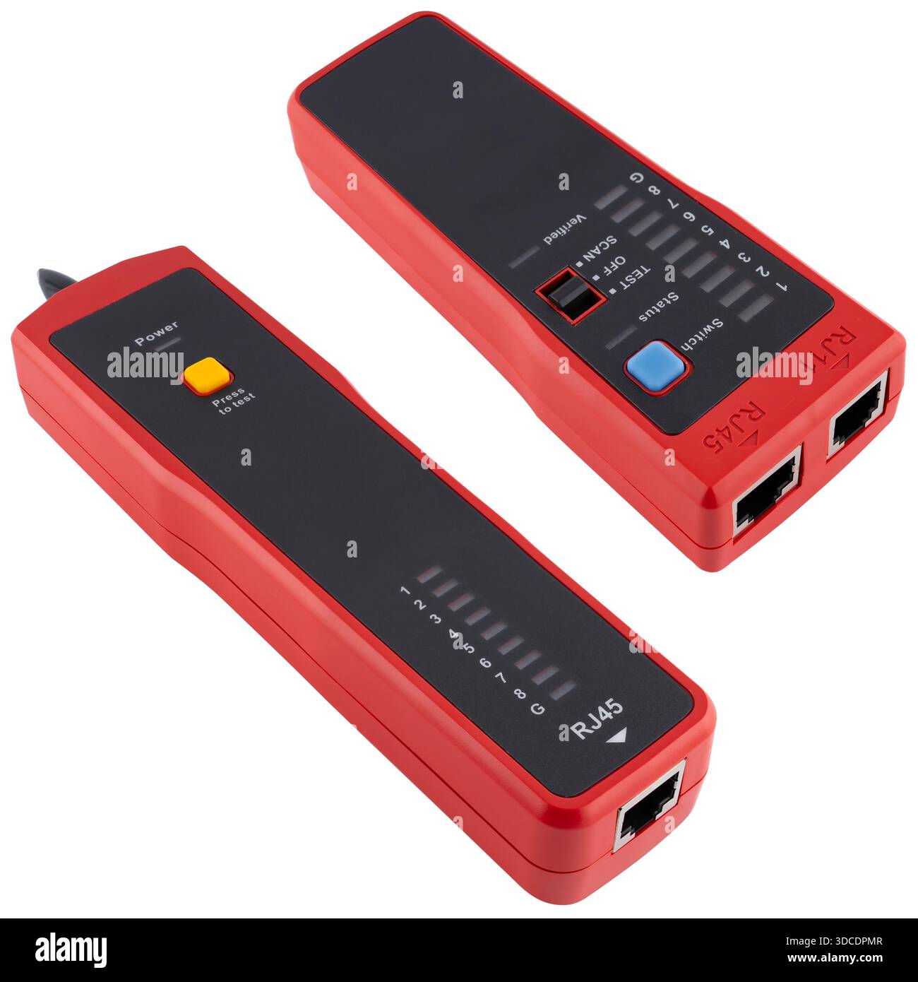 Rotes Prüfgerät zur Prüfung der Wartungsfreundlichkeit von RJ45- und RJ11-Netzwerkkabeln mit LED-Paaranzeigen. Auf weißem Hintergrund in der Isolierung. Stockfoto