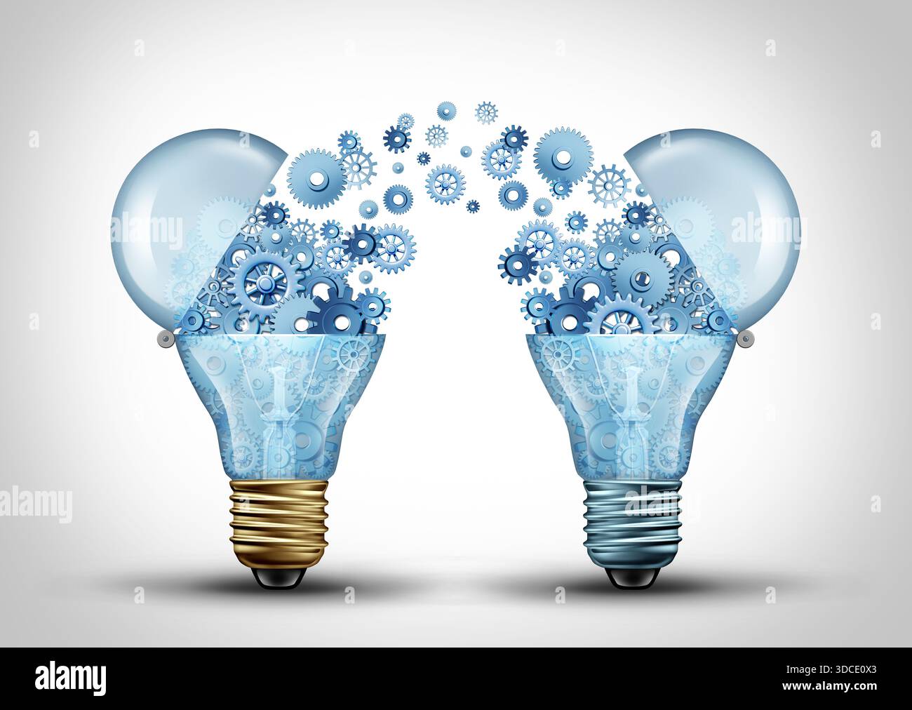 Technologie Austausch Business und Creative Technologien oder Kommunikationsidee Konzept als offene Tür Glühbirne, die Getriebe und Zahnräder als Business übertragen Stockfoto