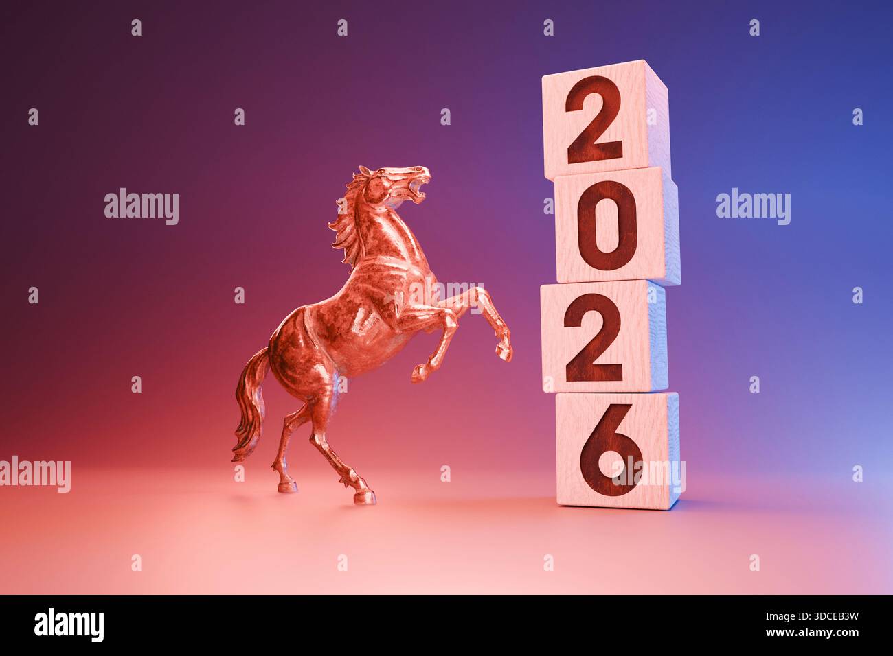 Das Jahr des Feuerpferdes 2026. Konzept. Dynamisches rotes Pferd neben Holzblöcken 2026 mit dem Neujahrsdatum. Chinesisches Sternzeichen, Geschäftsprognose, fut Stockfoto