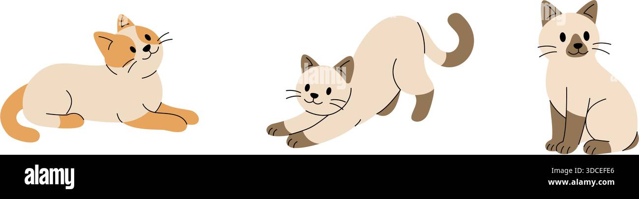 Set aus drei Karikaturkatzen, die liegen, sich Strecken und sitzen. Flache Vektor-PET-Illustration im minimalen Stil Stock Vektor