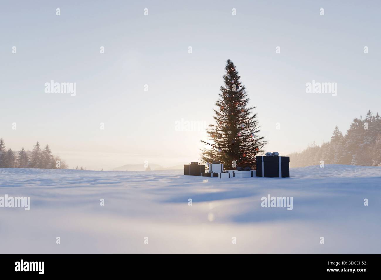 Die Schönheit der Natur trifft auf Weihnachtsstimmung: Weihnachtsbaum und Geschenke im Schneefeld in sonnendurchfluteter Umgebung, perfekt für Winterferienthemen. Stockfoto