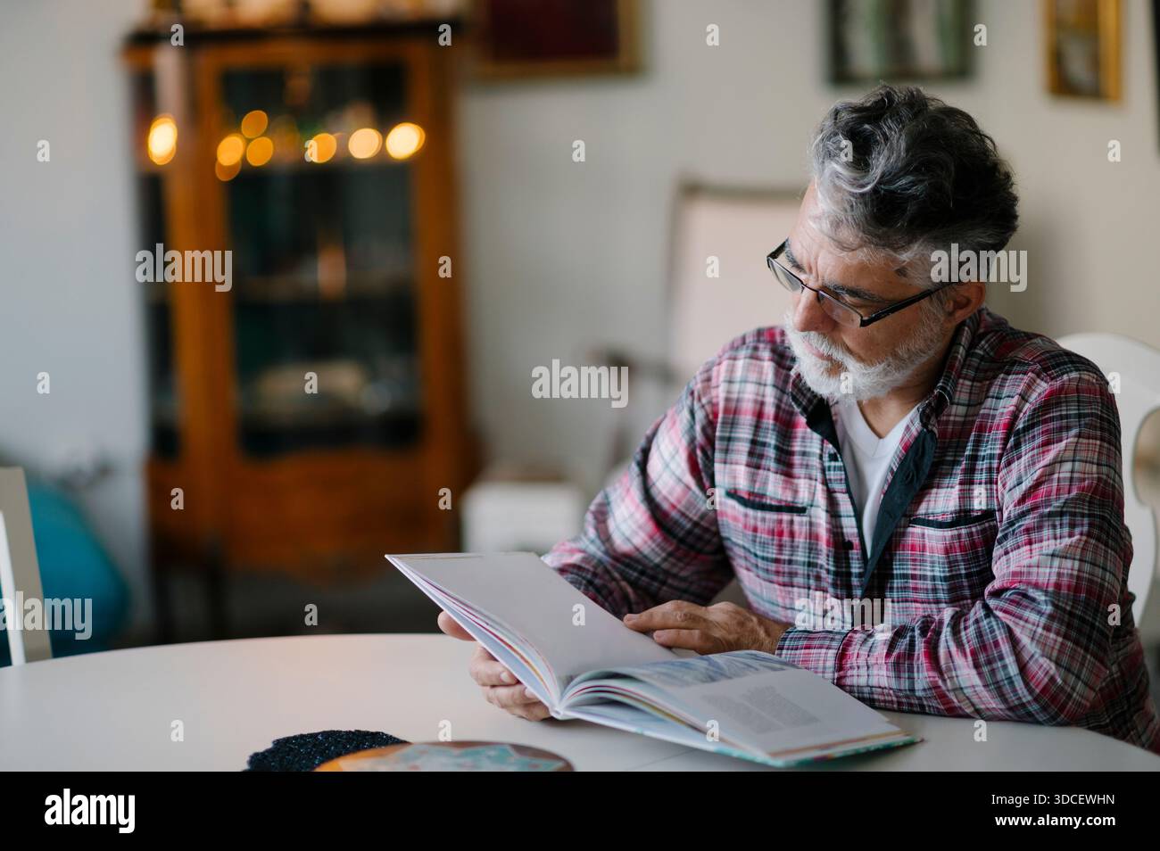 Senior Mann liest ein Buch zu Hause in einem gemütlichen Wohnzimmer Stockfoto