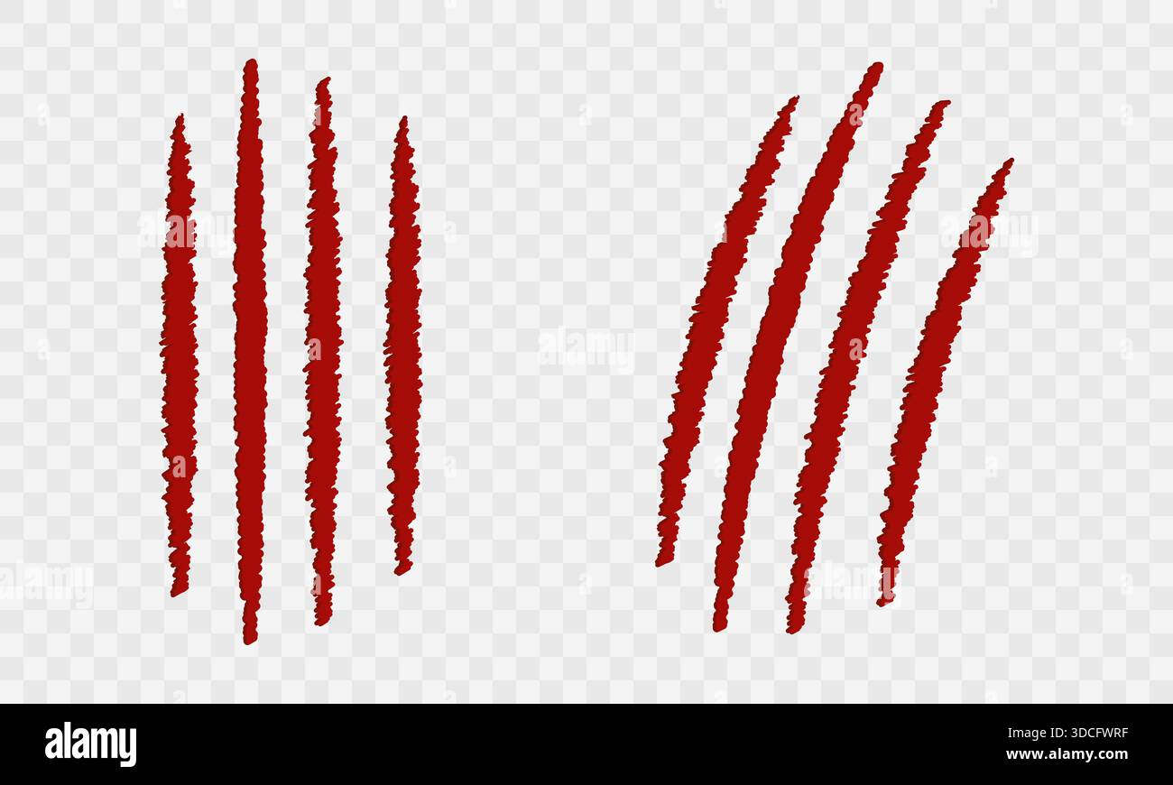 Rote Bestie Kralle markiert Vektor. Monster-Kratzer und Tierangriffsspuren auf kariertem Hintergrund Stock Vektor