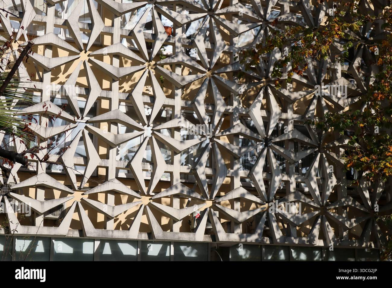Abstrakt geometrisches Sterngitter in Beton auf der Gebäudeaußenfläche, umrahmt von gelben und orangen Herbstbaumästen. Stockfoto
