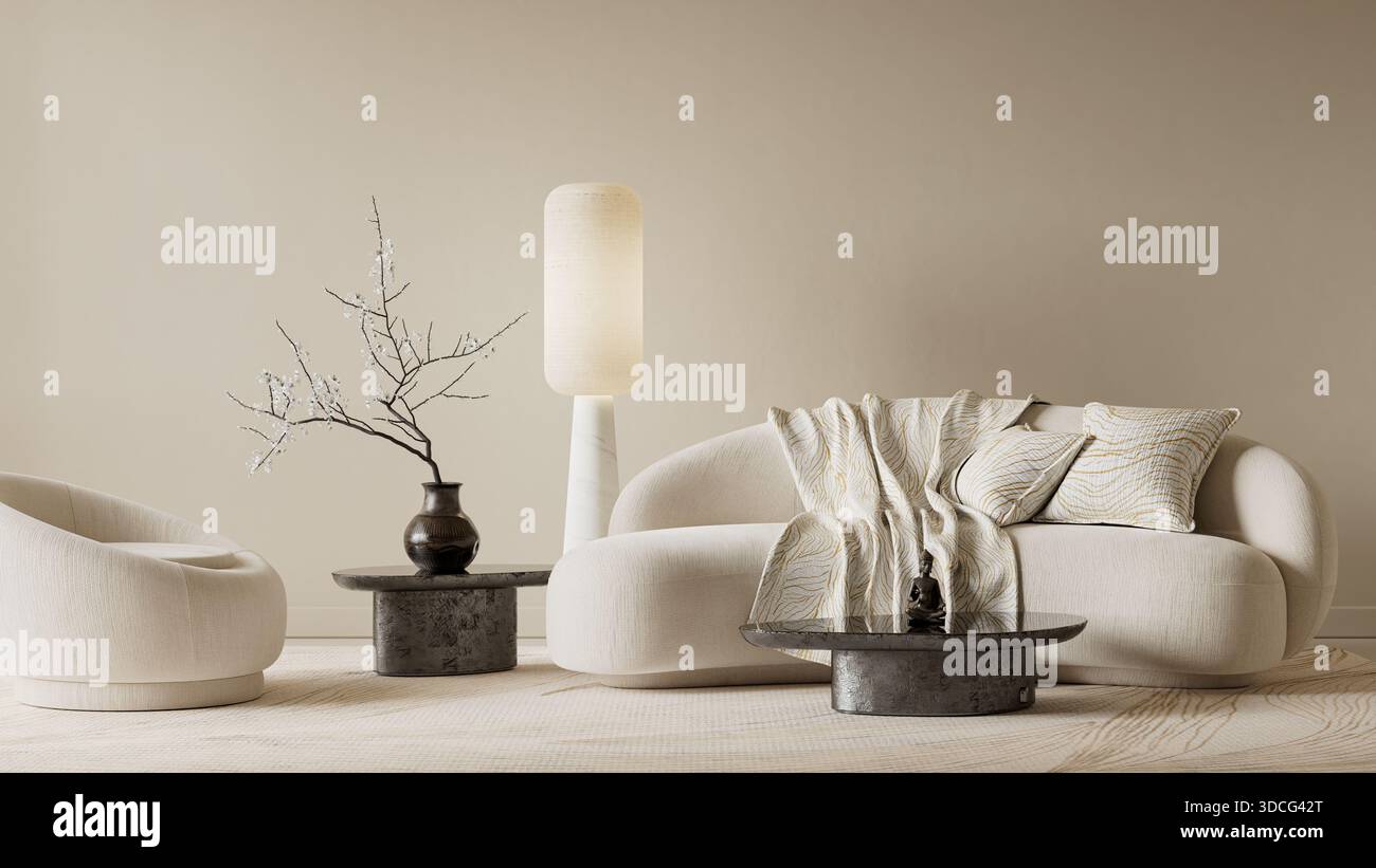 Ein ruhiges japanisches, minimalistisches Wohnzimmer mit abgerundeten Möbeln, warmer Beleuchtung, natürlichen Materialien und neutralen Tönen, die ein elegantes Ambiente schaffen Stockfoto