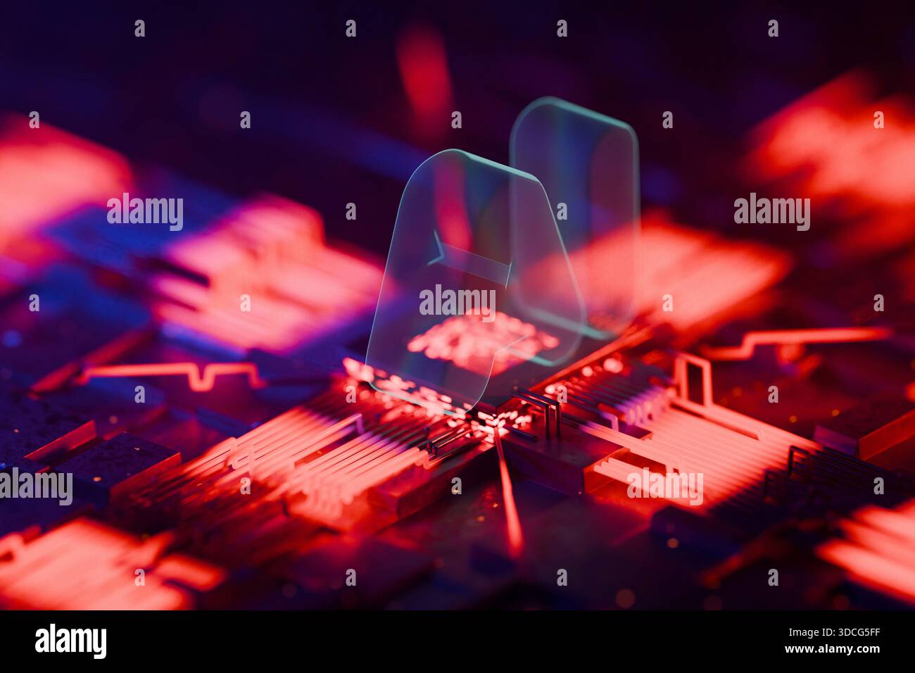 KI-Prozessor mit Mainboard, Konzept. Künstliche Intelligenz, kreative Idee. Quantencomputer. Leiterplatte mit erweiterter Verarbeitungseinheit. Stockfoto