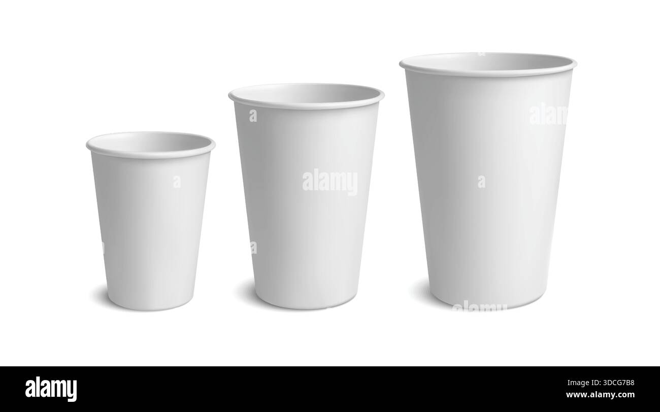 3D-Einweg-Pappbecher für Kaffee und Tee zum Mitnehmen, saubere weiße Schablone für Café-Branding oder Fastfood-Verpackungen. Realistisches Vektorset für Etikettendesign oder Menüwerbung. Stock Vektor