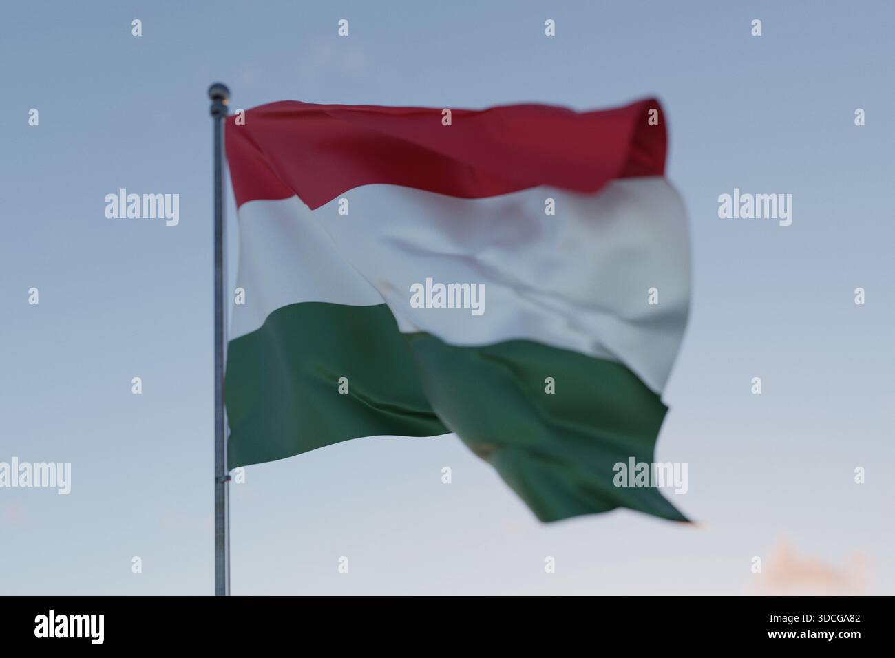Die ungarische Nationalflagge winkt im Wind vor einem klaren blauen Himmel und symbolisiert Freiheit, Erbe und Stolz. Patriotisches Konzept. Reisen, kreative Idee. Stockfoto