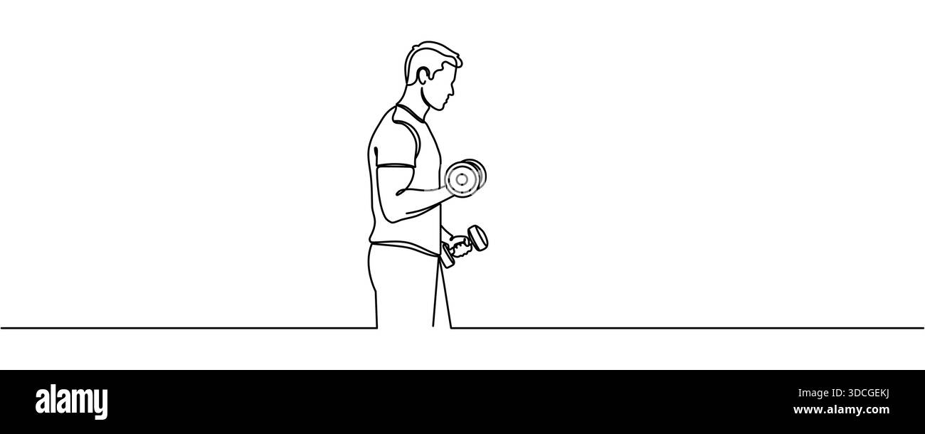 One Line Drawing oder Continuous Line Art eines Mannes mit Kurzhanteln. Bearbeitbare Kontur der Vektorabbildung. Stock Vektor