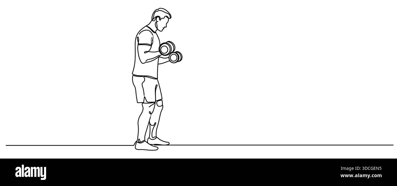 One Line Drawing oder Continuous Line Art eines Mannes mit Kurzhanteln. Bearbeitbare Kontur der Vektorabbildung. Stock Vektor