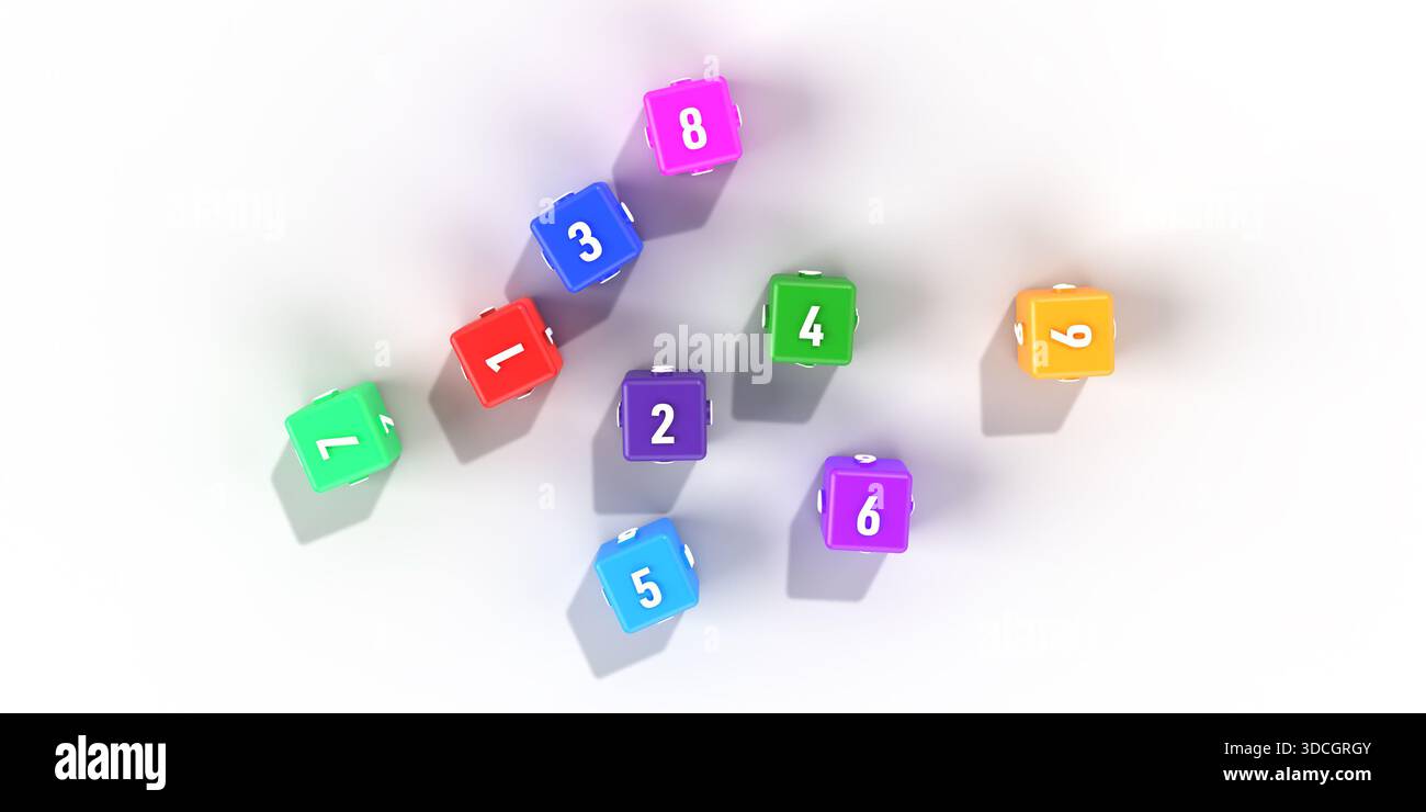 d rendern Sie die Zahlen 1-9. Zahlen auf 3D-Würfeln. 3D-Rendern farbenfroher Würfel und 3D-Zahlen Stockfoto Stockfoto