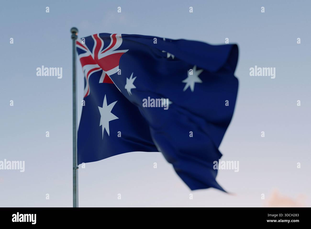 Die australische Nationalflagge winkt im Wind gegen einen klaren Himmel und symbolisiert Patriotismus, Unabhängigkeit, Nationalstolz und Einheit. Freiheit, Kreativität Stockfoto