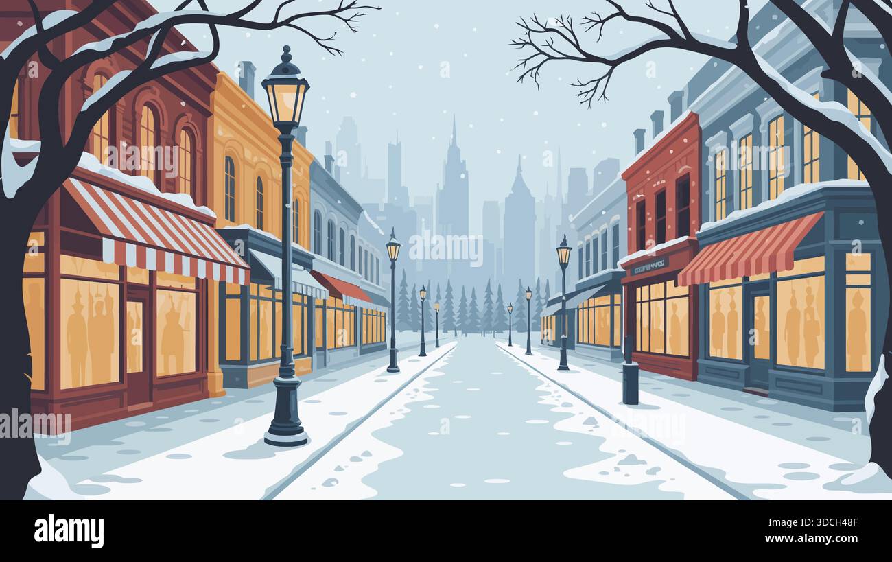 Verschneite Downtown Street Stock Vektor