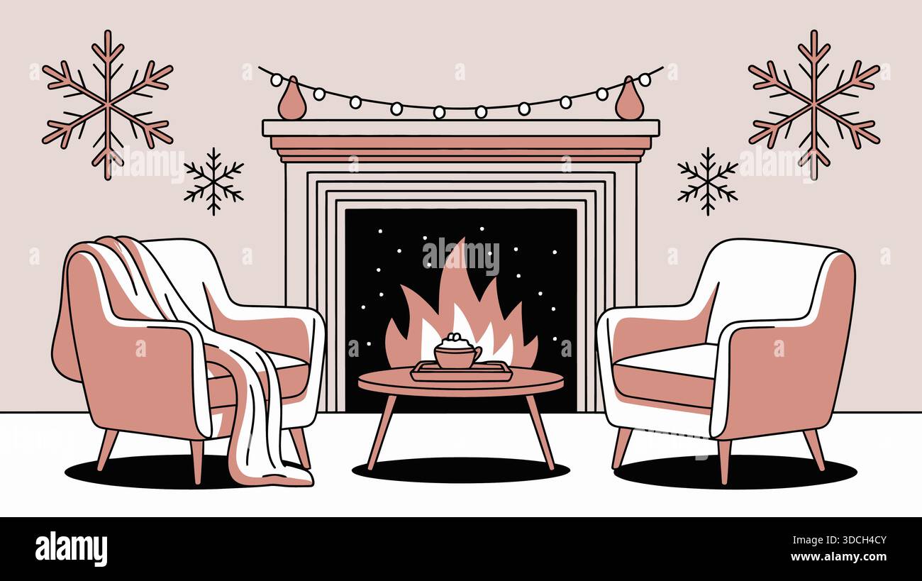 Gemütliches Wohnzimmer mit Kamin Stock Vektor