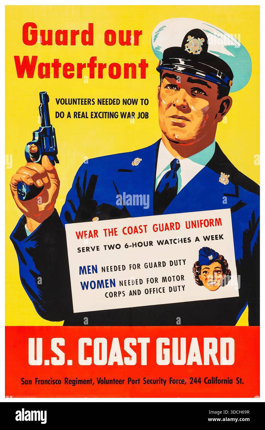 Propagandaplakat des Zweiten Weltkriegs (U.S. Coast Guard, 1940er) Rekrutierungsplakat San Francisco „Guard Our Waterfront“ – restauriertes Poster Stockfoto