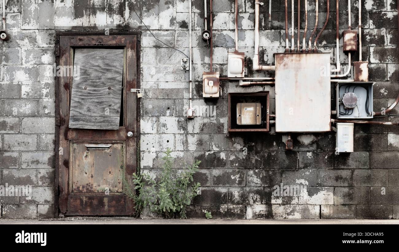 Altes und veraltetes Industriegebäude mit rostigen elektrischen Komponenten Stockfoto