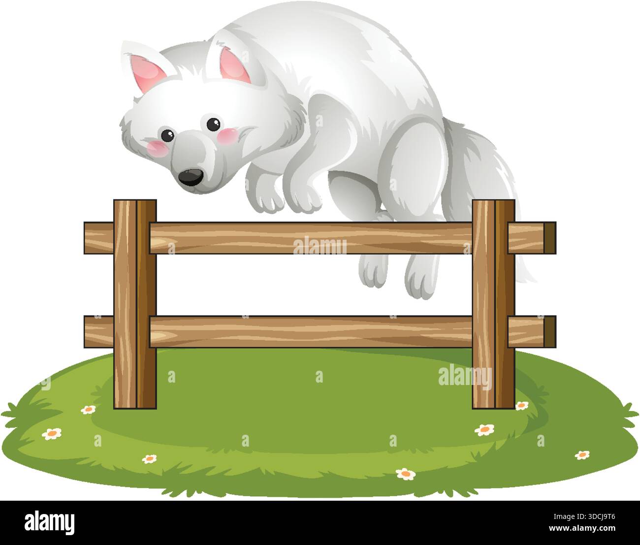 Cartoon-Polarfuchs springt über Holzzaun, grüner Grasboden, weiche Pastellfarben Stock Vektor