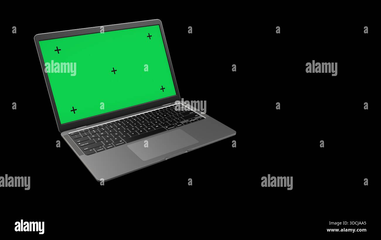 Grüner Laptop-Bildschirm mit Tracking-Markierungen Stockfoto