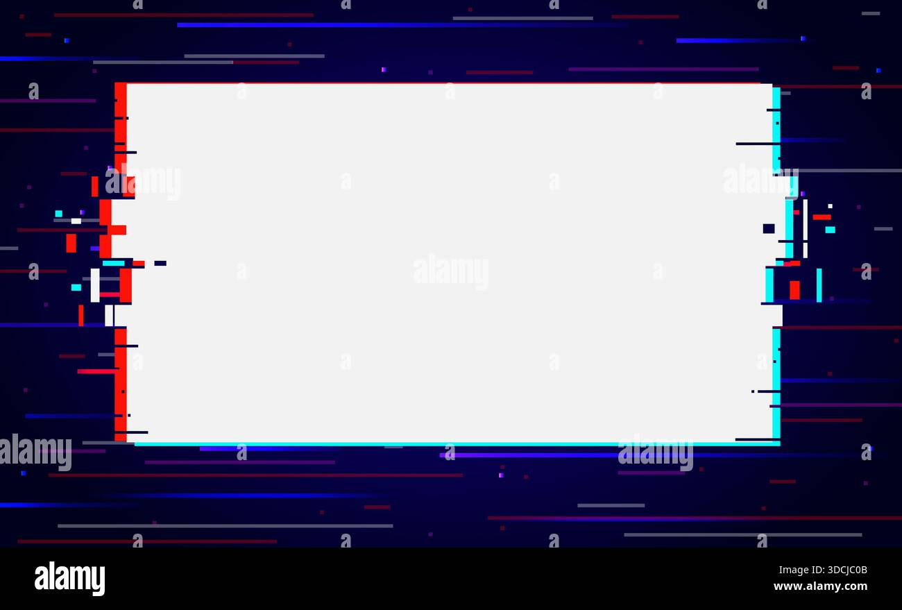 Werbeweißes Banner mit Glitch-Effekt auf dunklem Hintergrund. Cyberdynamische verzerrte körnige Umrandung. Visueller Rausch. Abstrakte rechteckige Form. Cyber Stock Vektor