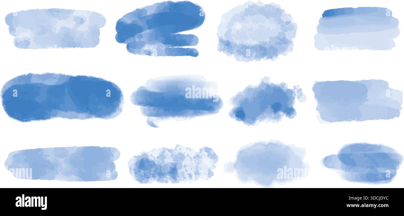 Set mit blauen Meeresaquarellen. Tiefblaue, durchscheinende Pinselstriche verschiedener Formen. Wolkige Naturtöne, strukturierter Hintergrund, farbiger Hintergrund Stock Vektor