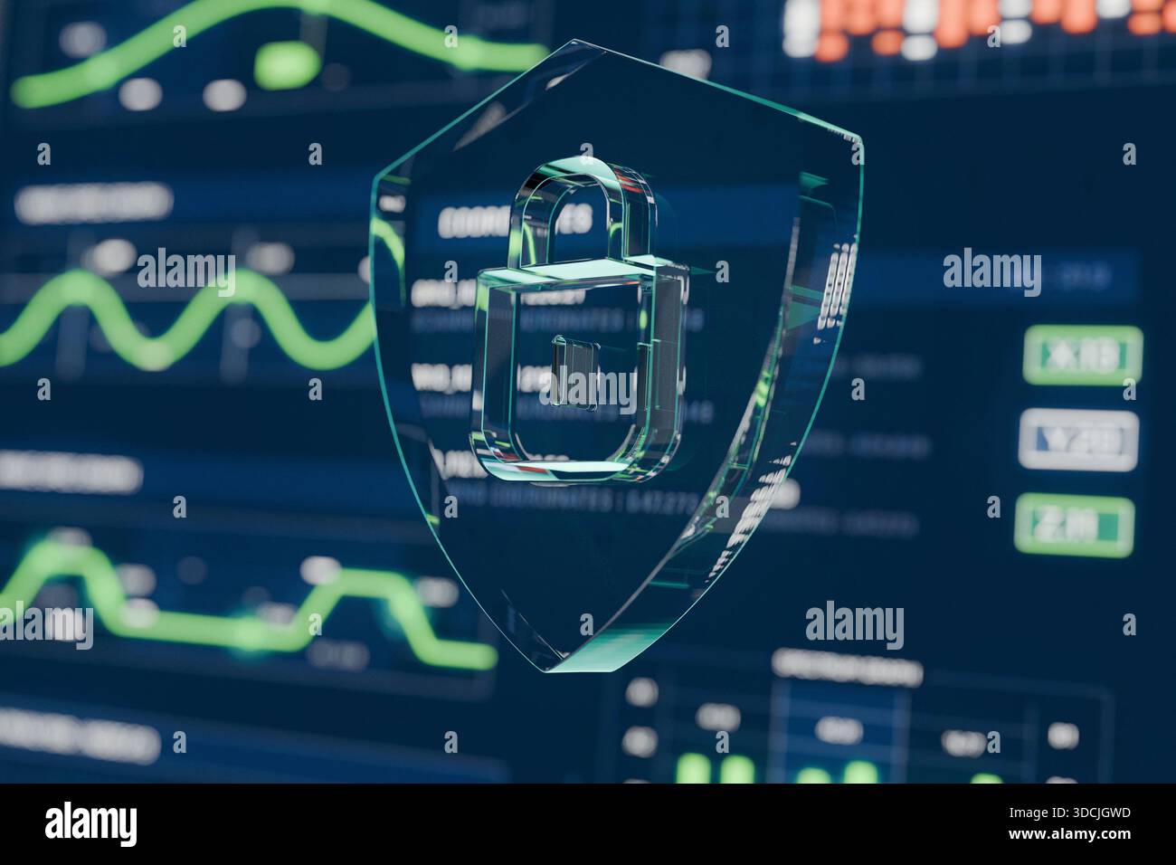 Cybersicherheitskonzept mit leuchtendem Vorhängeschloss-Schild über Finanzdaten-Diagrammen, das Online-Sicherheit, Verschlüsselung, Datenschutz und digitale Inhalte symbolisiert Stockfoto