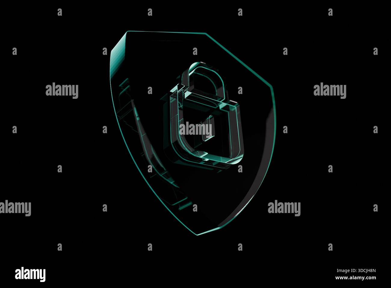 Cyber ​​shield mit Schloss, Neonlichtschutz auf schwarzem Hintergrund, Konzept. Digitaler Datenschutz im Internet. Virenschutz, kreativ Stockfoto