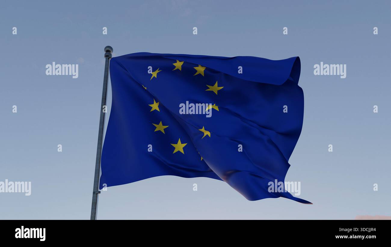 Schwenkende Flagge der Europäischen Union mit goldenen Sternen auf blauem Hintergrund vor dem klaren Himmel, symbolisiert Einheit, Zusammenarbeit, Demokratie und Solidarität amo Stockfoto