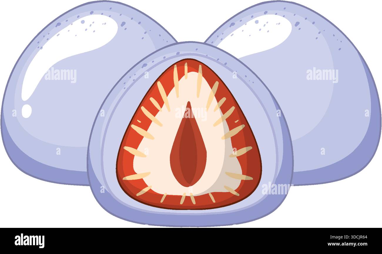 Vektor-Illustration des lila Mochi-Desserts, Querschnitt zeigt rote Bohnenpaste Füllung, glänzende Oberfläche Stock Vektor