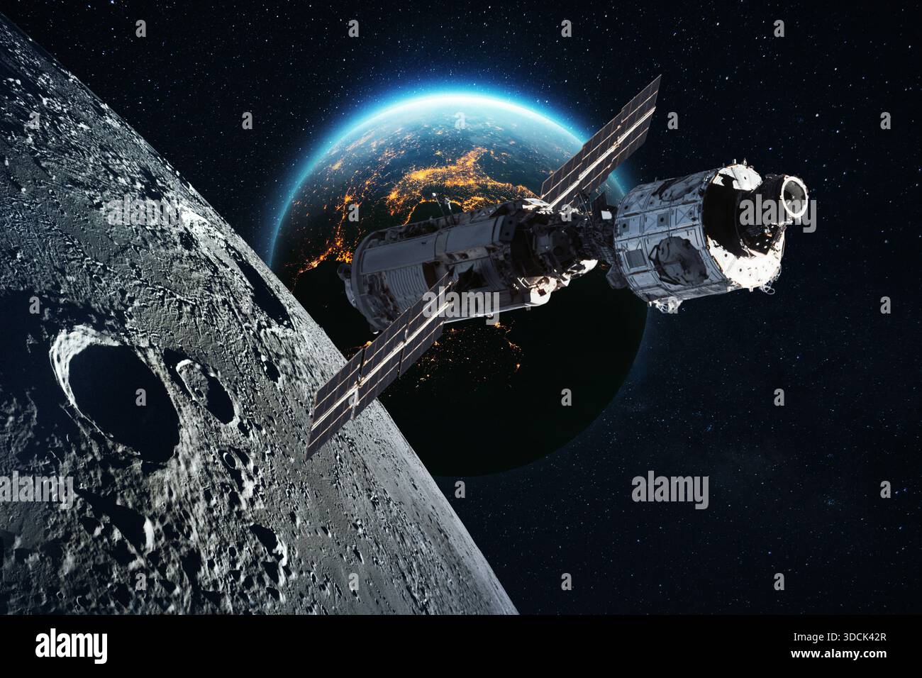 Raumschiff umkreist den Mond mit der Erde, die im Hintergrund leuchtet. Atemberaubende Aussicht auf Weltraumforschung, Mondoberfläche und fortschrittliche Satellitentechnologie Stockfoto