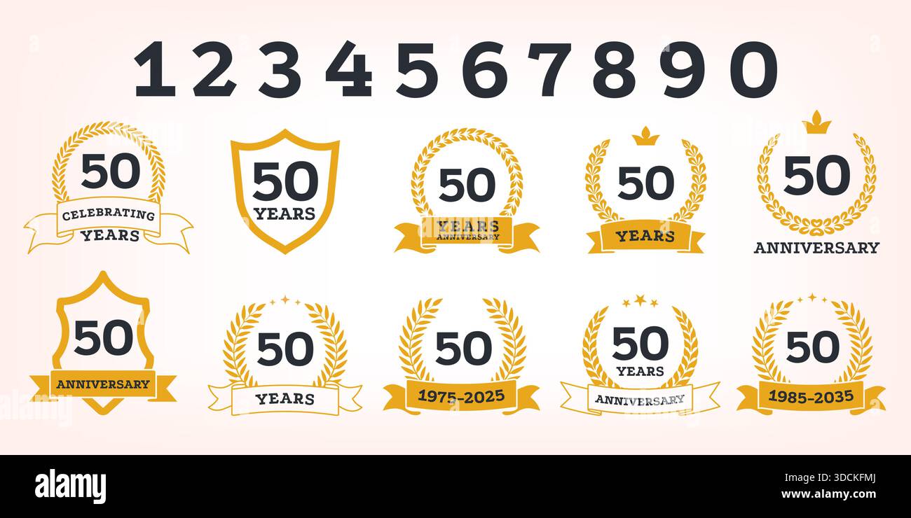 Jubiläumsstempel. 5, 10, 15, 20, 25, 30 Jahre Meilenstein-Gedenketiketten mit Lorbeerkranz und dekorativen Sternen. Vektor Jubiläumsstempel Logo Set Stock Vektor