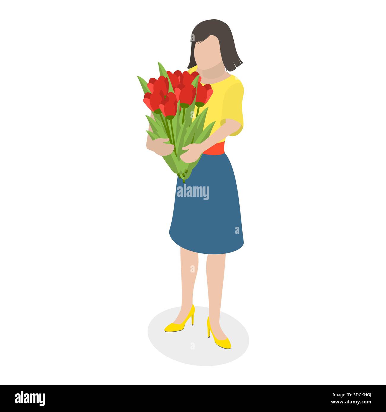 3D Isometrischer flacher Blumenstrauß, Happy Women Holding Flowers. Punkt 2 Stockfoto