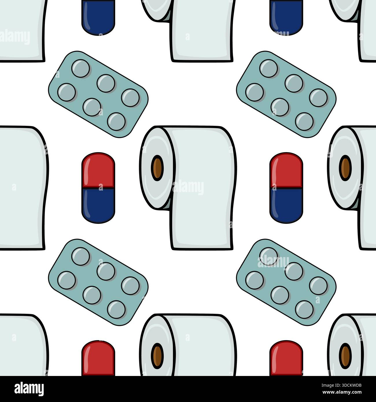 Nahtloses Vektormuster mit Toilettenpapierrollen im Cartoon-Stil, Blisterpackungen mit Pillen und einzelnen roten und blauen Kapseln gegen ein sauberes weiß Stock Vektor