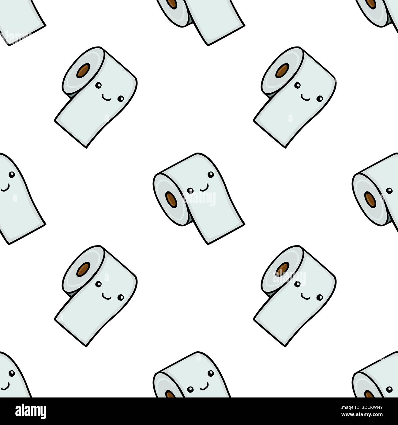 Entzückende Kawaii Toilettenpapierrollen mit lächelnden Gesichtern, die ein fröhliches und skurriles nahtloses Vektormuster für Hintergründe und Dekor schaffen. Stock Vektor