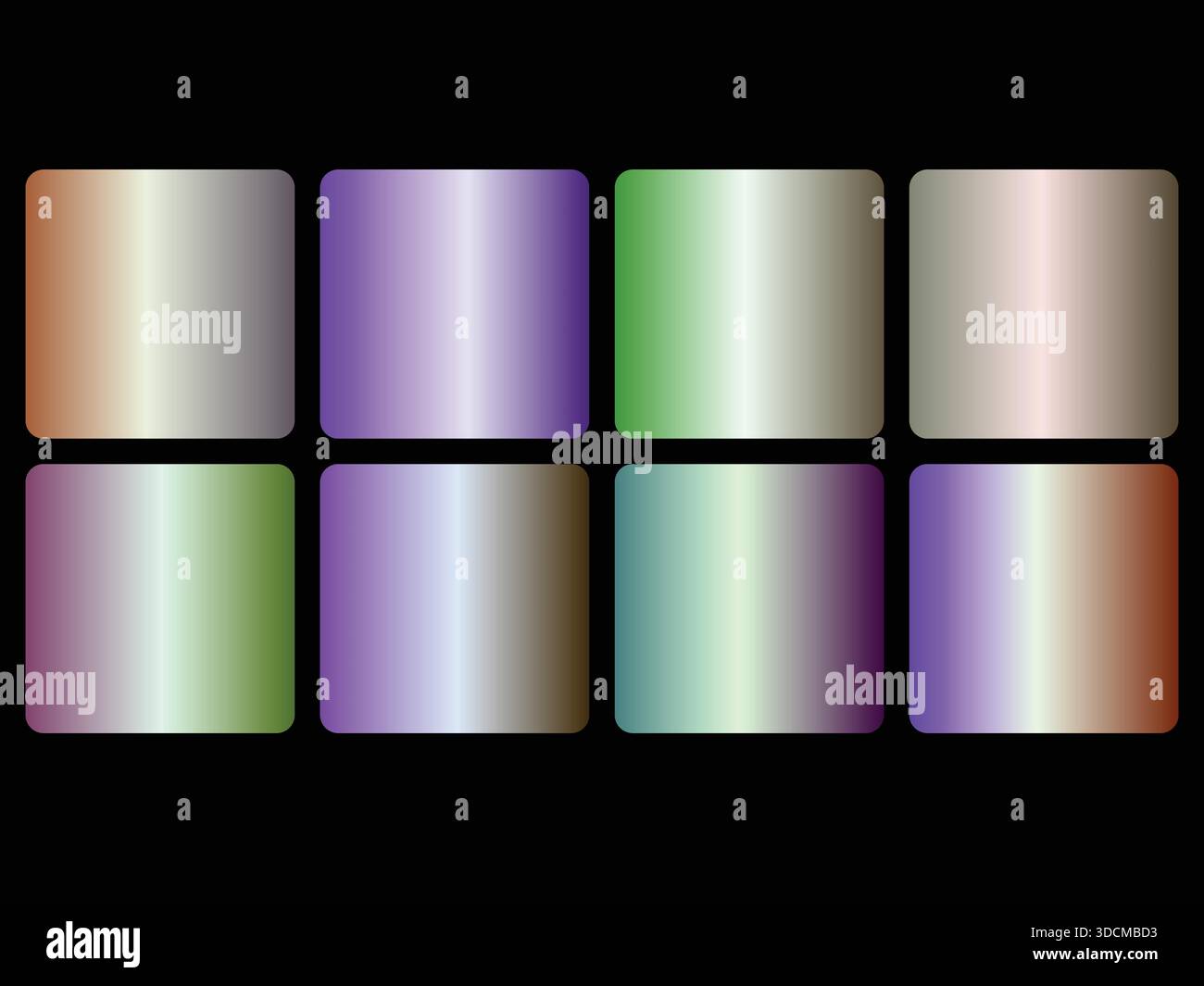 Eine abstrakte Kollektion von acht leuchtenden Farbmustern mit Farbverlauf in Metallic-Optik auf einem eleganten schwarzen Hintergrund. Jede abgerundete quadratische Leistung Stock Vektor