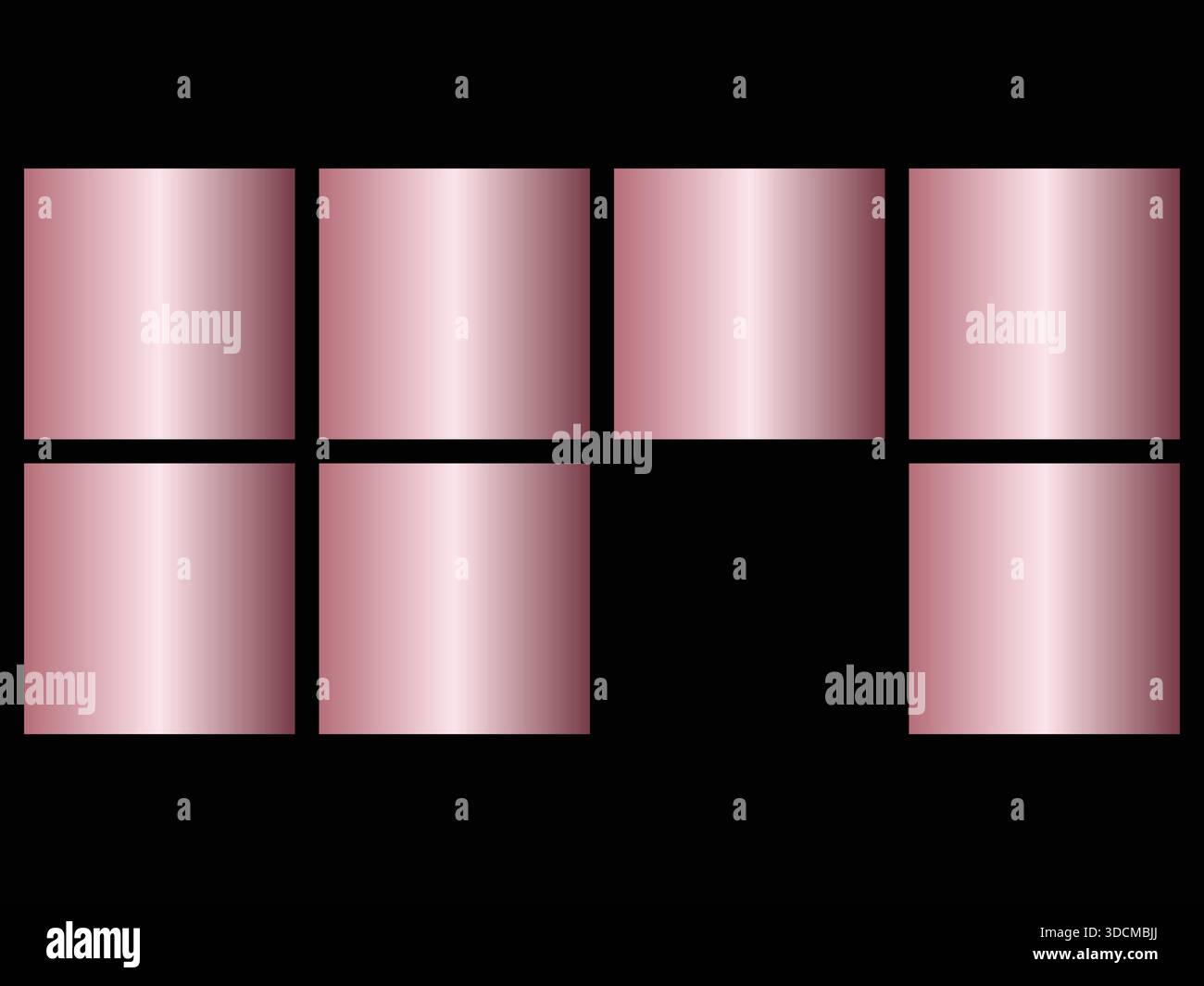 Dieses eindrucksvolle abstrakte Bild zeigt acht elegante roségoldene Metallblöcke, die symmetrisch auf einem tiefschwarzen Hintergrund angeordnet sind. Jedes Rechteck zeigt eine Stock Vektor