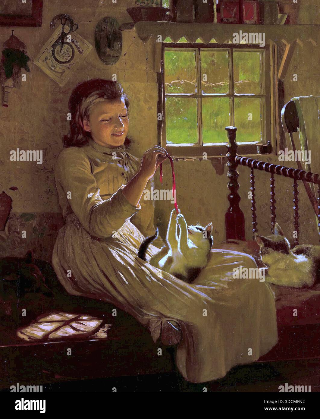 John George Brown - Mädchen mit Kätzchen Stockfoto