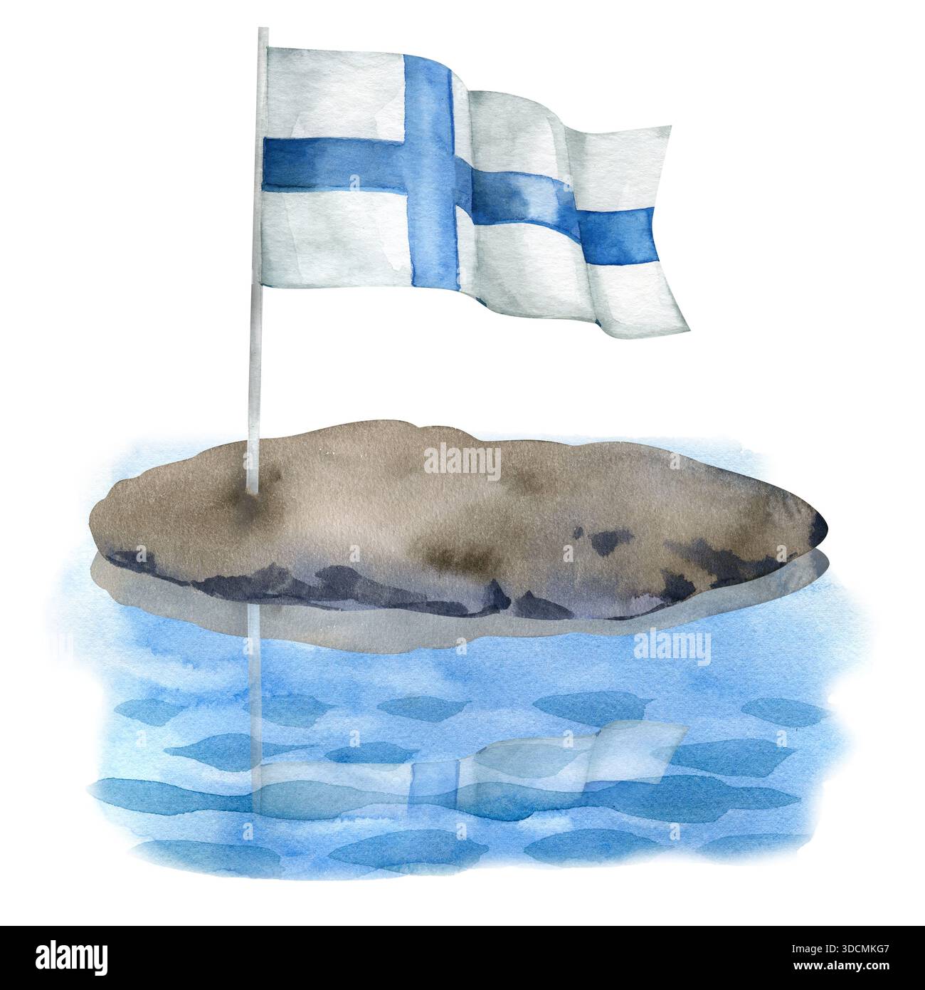 Aquarellillustration der finnischen Flagge, die auf einer kleinen felsigen Insel winkt, umgeben von blauem Wasser. Ein patriotisches handgemaltes Design, das repräsentiert Stockfoto