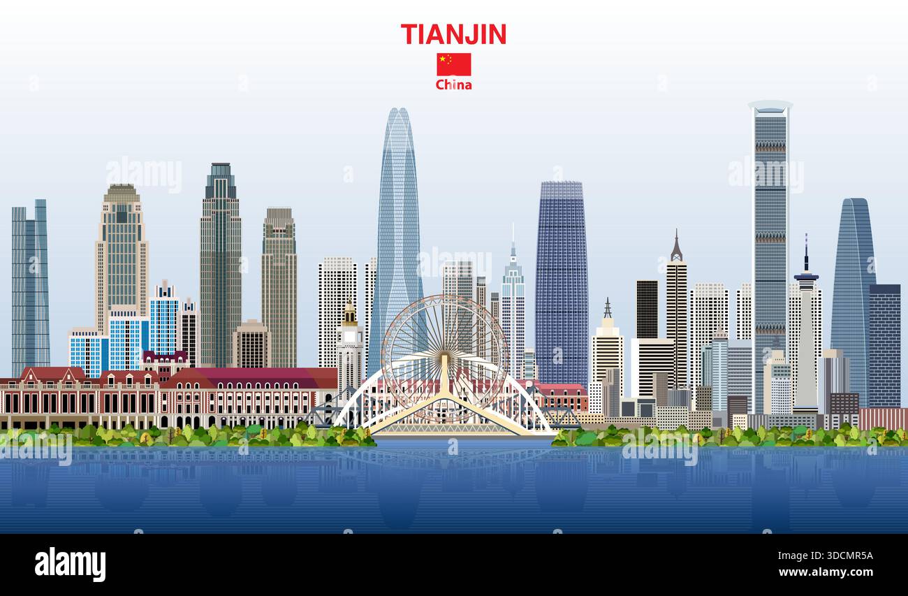 Die Skyline der Stadt Tianjin auf einem wunderschönen Hintergrund des Tageshimmels. Vektorabbildung Stock Vektor