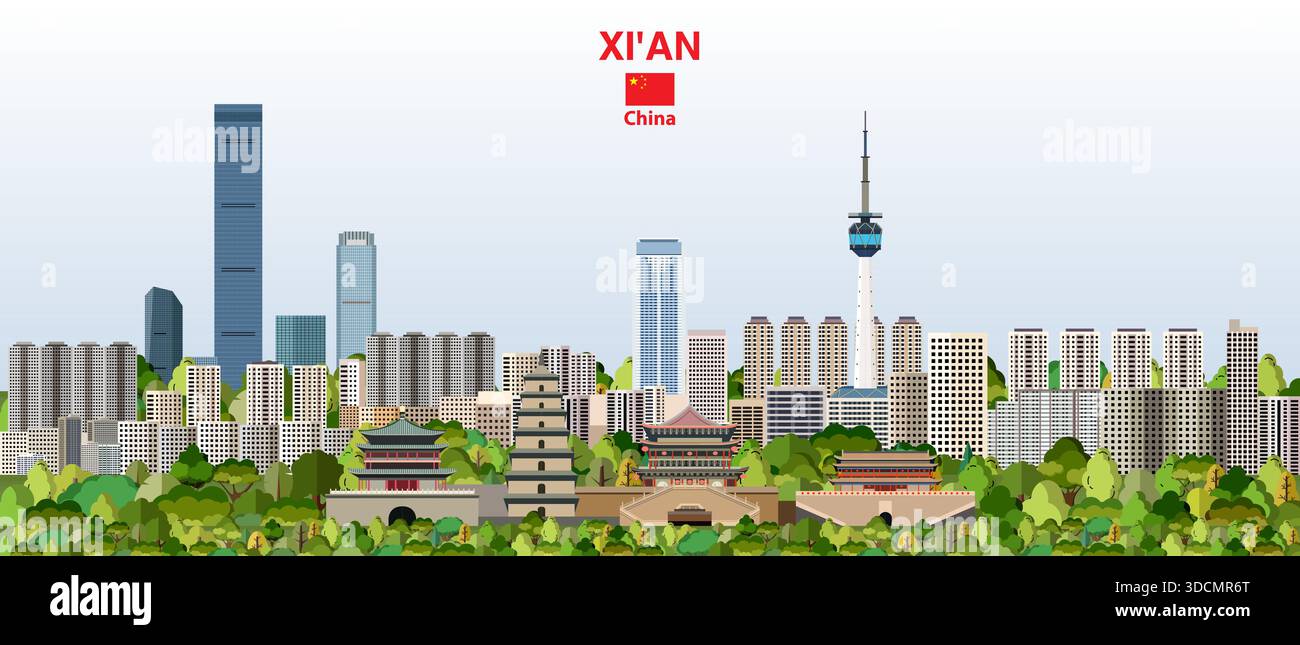 Die Skyline der Stadt XI'an auf einem wunderschönen Hintergrund des Tageshimmels. Vektorabbildung Stock Vektor