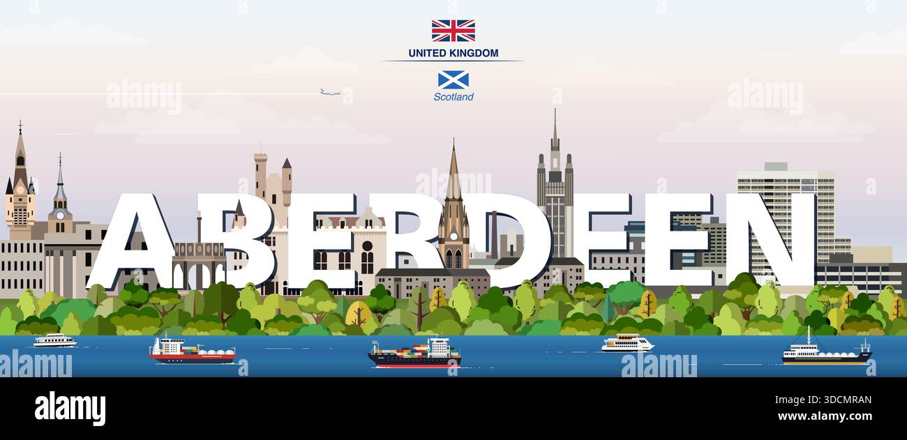 Aberdeen Grafik stilisierte Stadtlandschaft bunte Vektorillustration mit großem Stadtnamen auf dem Hintergrund Stock Vektor
