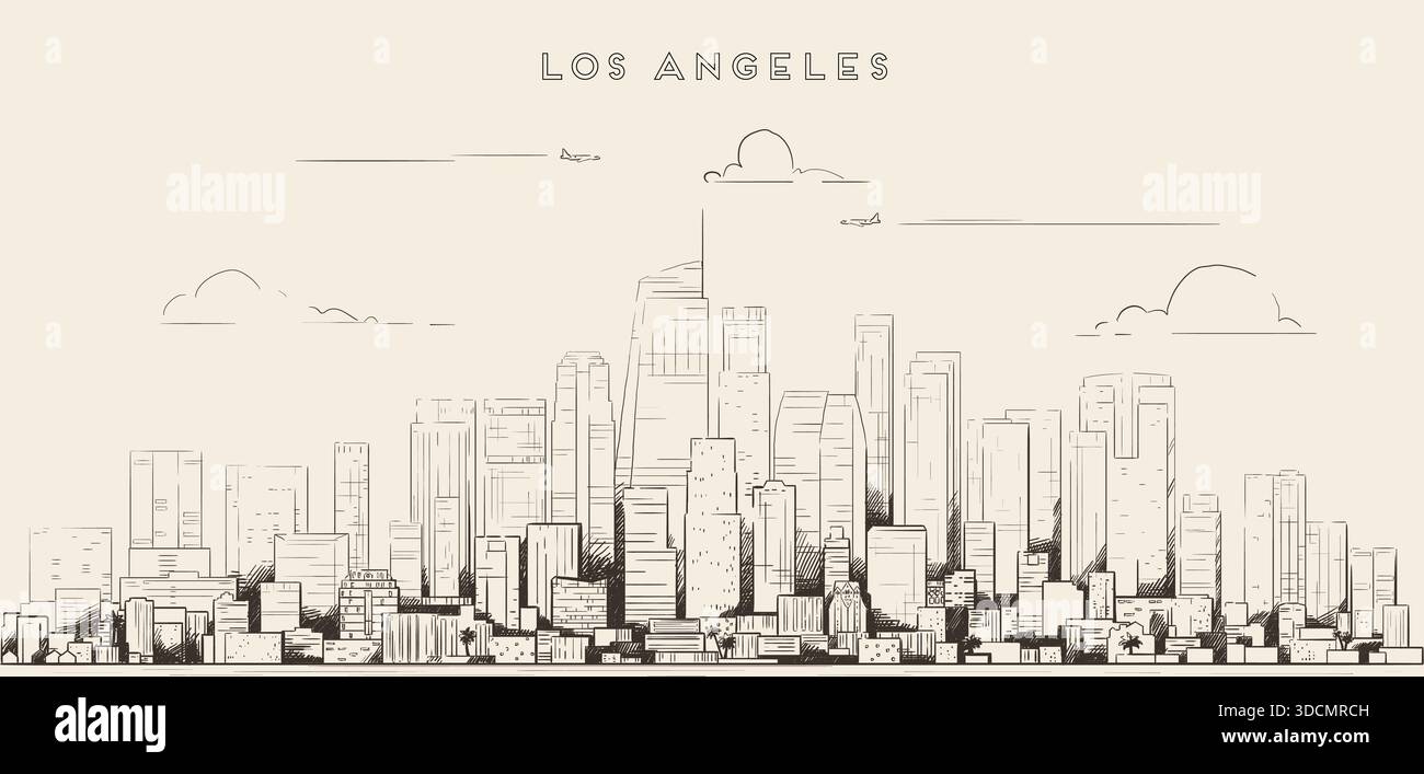 Skyline von Los Angeles. Künstlerische skizzierte Hand gezeichnete Vektorillustration auf einem weichen braunen Hintergrund Stock Vektor