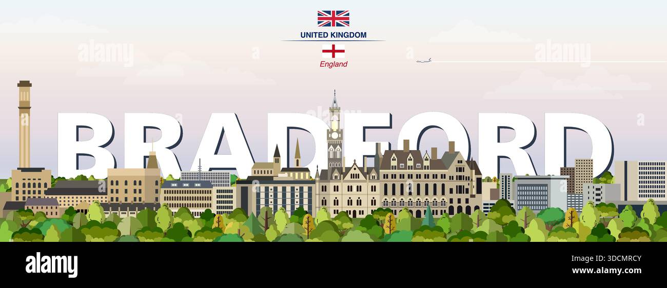 Bradford Grafik stilisierte Stadtlandschaft bunte Vektorillustration mit großem Stadtnamen auf dem Hintergrund Stock Vektor