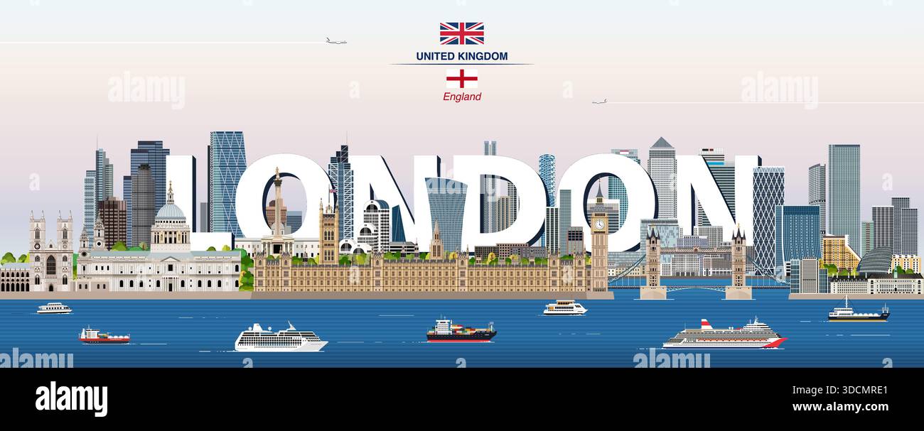 London Grafik stilisierte Stadtlandschaft bunte Vektorillustration mit großem Stadtnamen auf dem Hintergrund Stock Vektor