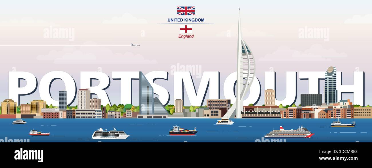 Portsmouth Grafik stilisierte Stadtlandschaft bunte Vektorillustration mit großem Stadtnamen auf dem Hintergrund Stock Vektor