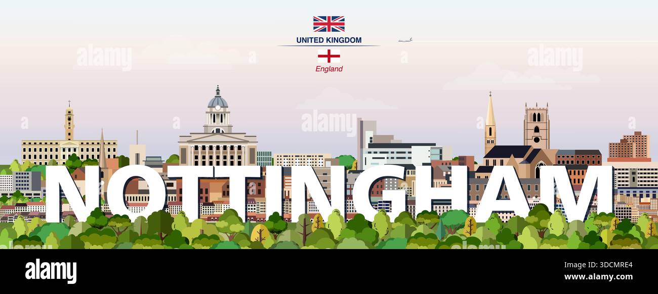 Nottingham Grafik stilisierte Stadtlandschaft bunte Vektorillustration mit großem Stadtnamen auf dem Hintergrund Stock Vektor