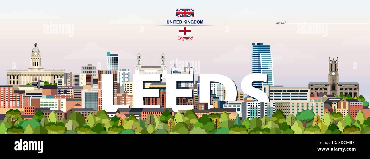 Leeds Grafik stilisierte Stadtlandschaft bunte Vektorillustration mit großem Stadtnamen auf dem Hintergrund Stock Vektor