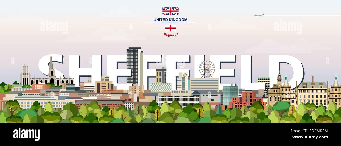 Sheffield Grafik stilisierte Stadtlandschaft bunte Vektorillustration mit großem Stadtnamen auf dem Hintergrund Stock Vektor