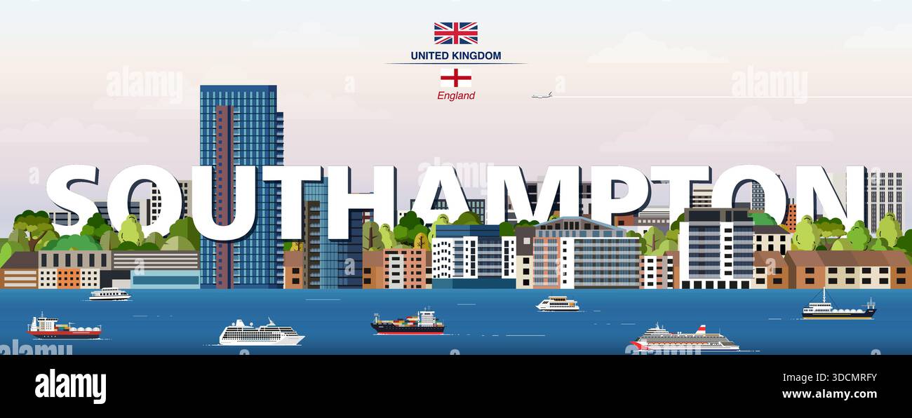 Southampton Grafik stilisierte Stadtlandschaft bunte Vektorillustration mit großem Stadtnamen auf dem Hintergrund Stock Vektor
