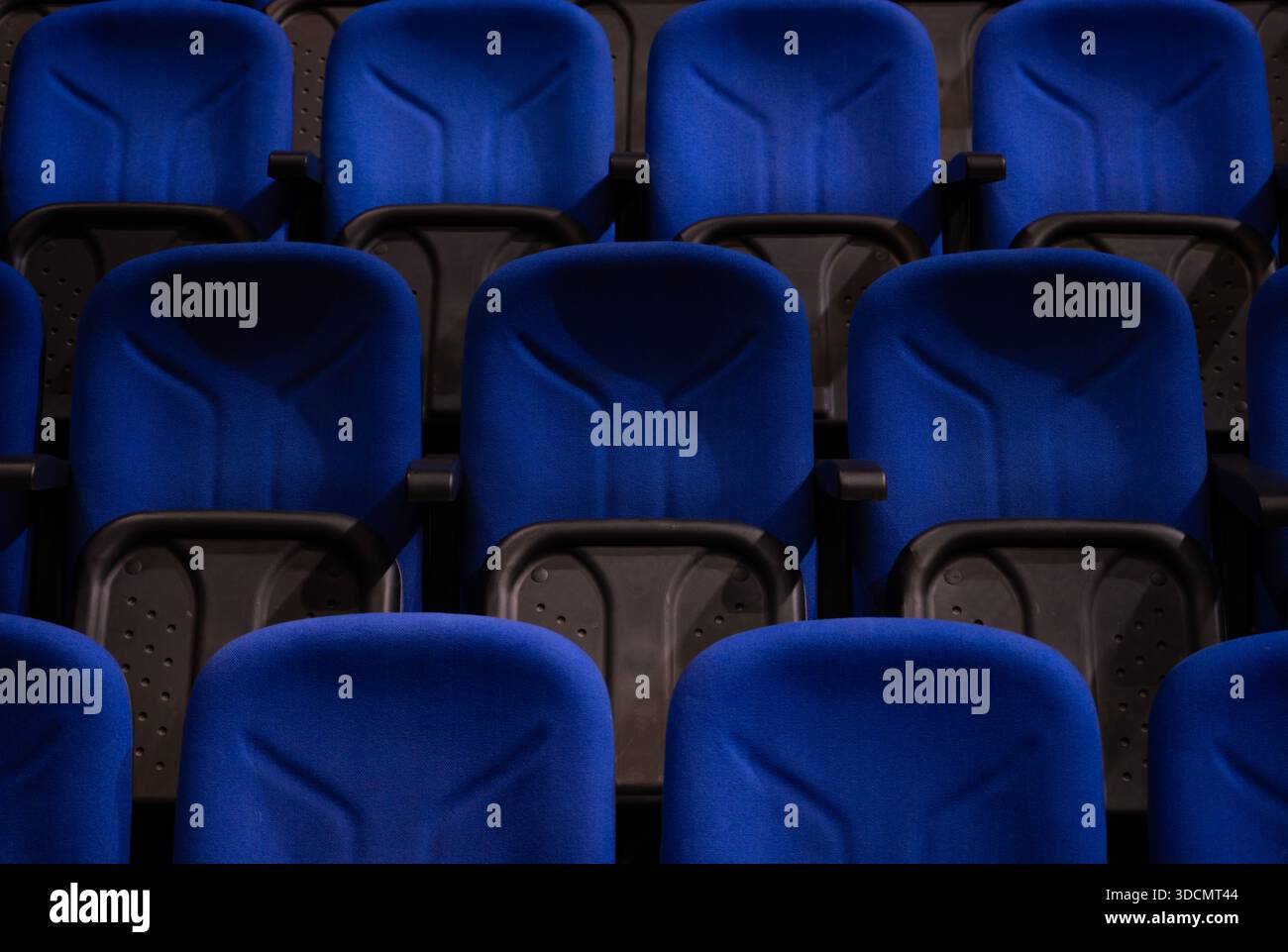 Reihen mit leeren blauen Stühlen bieten Sitzgelegenheiten in einem modernen Auditorium, Kino oder Konferenzsaal mit dunklen Akzenten Stockfoto